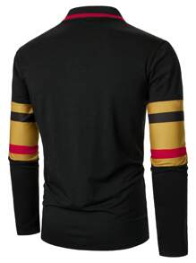 Manfinity Homme Áo thun polo dài tay kẻ sọc màu tương phản thường ngày dành cho nam, mùa thu - Nhiều màu - Xem 3