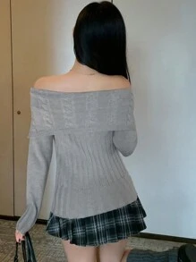 DAZY Áo len dệt kim cổ bẻ lệch vai xẻ tà bất đối xứng cho nữ Áo len hở vai, Quần áo mùa thu dễ thương - Xám - Xem 5