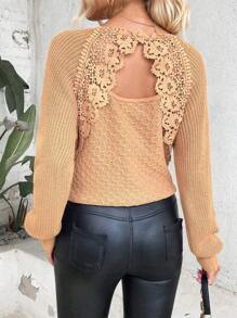 SHEIN LUNE 女士纯色长袖荷叶边简约毛衣，休闲日常针织套头衫，秋冬季 - 橘色 - 查看 2
