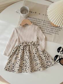 SHEIN LMoss Kids LMoss Baby Girl Cute Patchwork Ditsy Floral Long Sleeve Belted Knit Dress, Autumn/Winter - Multicolor - View 3