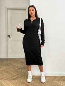 SHEIN EZwear Plus Size Women Black Solid Color Zip Up Simple Fashion Casual Everyday Dress