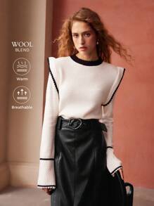 MOTF PREMIUM WOOL-BLEND CONTRAST FRILL SWEATER - White - View 2