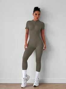 Slayoga Women's Solid Color Front Zipper Short Sleeve Casual Sport Jumpsuit