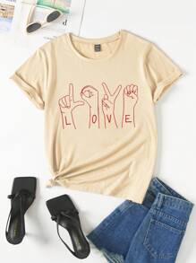 Women's Casual Cute Love Hand Gesture Print Round Neck Short Sleeve T-Shirt, Suitable For Valentine's Day, Family Party, Valentine's Day Gift