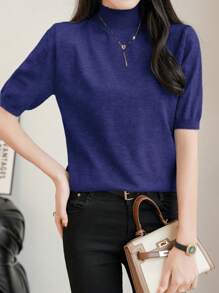SHEIN LUNE Casual Versatile Simple Solid Color Turtleneck Short Sleeve Knit Top - Royal Blue - View 3