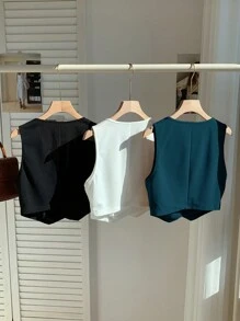 Comfortcana 3pcs Women's Solid Color Single-Breasted Casual Vest Set In Fall/Winter - Multicolor - View 2