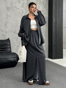 SHEIN EZwear 大码纯色前扣长袖休闲上衣和裤子两件套 - 深灰色 - 查看 3