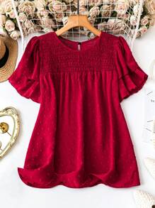 Celure Plus Size Solid Color Round Neck Short Sleeve Swiss Dot Casual Shirt For New Year Clothes - Red - View 1