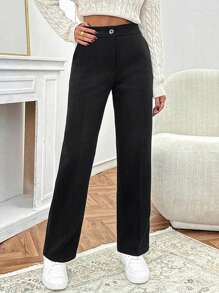 EURMUSE Women's Solid Seam Detailed Wool Pants - Black - View 3