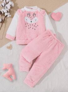 Bộ 2 món/Bộ đồ ngủ dài tay thêu hình hươu dễ thương cho bé gái, dành cho gia đình tụ họp vào mùa thu/đông - Hồng - Xem 6