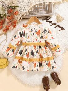 Vestido casual, elegante y vintage de uso diario para niñas bebé con estampado rústico de granja y aves de corral para otoño - Multicolor - Ver 2