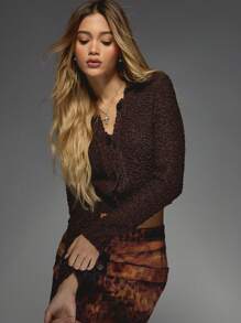 MISSGUIDED Áo len dệt kim Boucle thiết kế cài nút phía trước ngắn Cardigan thu đông hàng ngày Áo len crop top phong cách Pháp mặc ở nhà Cottage Core Fashion - Cà phê nâu - Xem 4