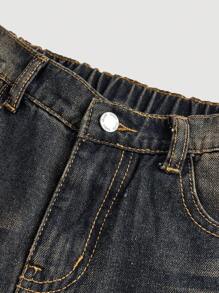 SHEIN Girlism Tween Girl Y2K 宽松休闲牛仔裤，带口袋和宽腿，Tween Girl 秋季服装返校牛仔裤套装 - 深色水洗藍 - 查看 3