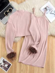 Women 2pcs Set Fuzzy Long Sleeve Top & Slip Dress, Casual Autumn/Winter Matching "Mommy And Me" Outfits (Sold Separately, 2 Sets) Fall Cloth For Women - Dusty Pink - View 2