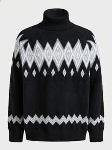 Manfinity Homme Suéter informal de cuello alto de manga larga con detalle gráfico y colorido para hombres, para salir, esposo