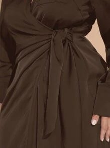 SHEIN BAE Plus Size Fall And Winter Elegant Daily Commuting Party Women Green Satin Overlap Wrap Drape Asymmetric Slit Bowknot Long Sleeves With Buttons Long Dress Party Wear Christmas Wear Commuting Wear New Year Eve Dress New Years Dress Christmas Women Dress Christmas Women Clothes Christmas Dress Christmas Party Dress Thanksgiving Women Outfit Elegant Dress Holiday Dress Christmas Outfits