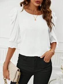 SHEIN Clasi Ladies' Solid Color Round Neck Casual Blouse For Summer