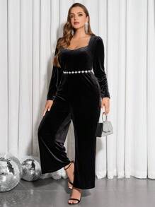 SHEIN Clasi Plus Size Women Party Elegant Black Velvet Sweetheart Neck Chain Rhinestone Decorated Long Sleeve Jumpsuit, Autumn