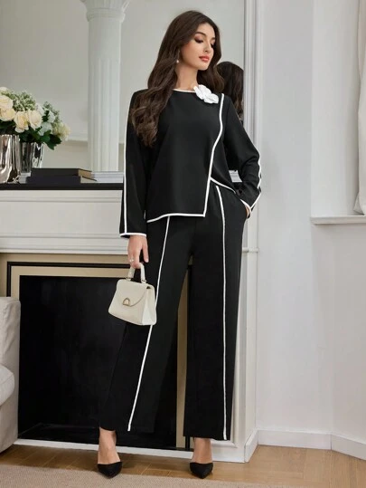 Modelyn 2 件套女士撞色边饰 3D 花卉装饰简约上衣和裤子套装 2 件套