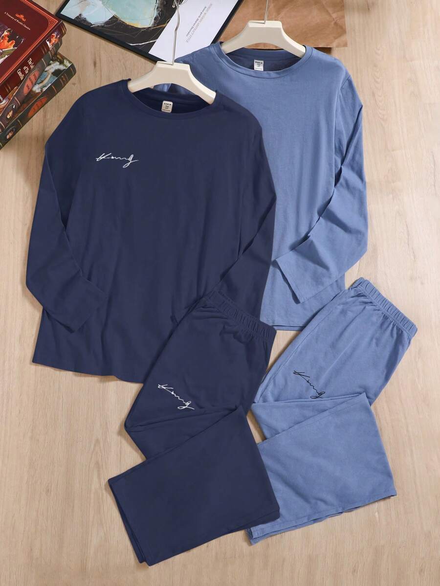 SHEIN 4pcs/Set Teen Boy Casual Letter Graphic Printed Long Sleeve Top And Pants Lounge Wear, Comfortable And Loose, Vintage Sports Style - Navy Blue - View 1