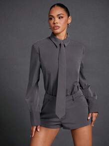 SHEIN Unity Winter Women Clothes, Sophisticated Charcoal Grey Shirt And Shorts Romper With Detachable Necktie Simple Fashion Daily Casual. For Office Wear, Business Casual, Outings, Everyday Wear, Business Women Clothes, Formal