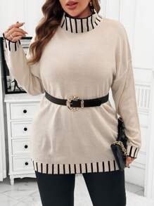 Flirla 百搭撞色条纹领套头毛衣，冬季针织套头衫 - 黑與白 - 查看 6