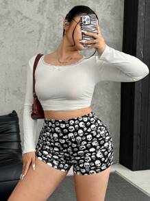 SHEIN EZwear Shorts de talla grande con cintura alta de corte ajustado y estampado de esqueleto