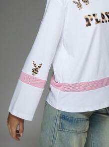 Missguided x Playboy 豹纹印花徽标针织 V 领 T 恤网眼细节长袖休闲基本款街头服饰上衣家居服秋冬款 - 彩色 - 查看 5