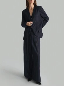 Ontre Women's Black & White Pinstripe Retro Style Loose Blazer & Pants Suit, Office Wear