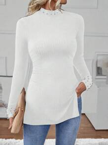 SHEIN LUNE Dames Slim Fit Lange Mouw Parel Versierd Hoge Hals Split Zoom T-shirt, Herfst/Winter