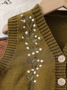 Baby Girls' Cardigans, Black Knitted Sweater, Green Leaf Embroidered Casual, Leisure Vest, Sleeveless Jacket, Black Button Fashion Cardigan, Suitable For Spring, Autumn And Winter, Warm, Fit For Everyday, Outings, Travel, Vacation, Home, Daycare, School - Olive Green - View 4