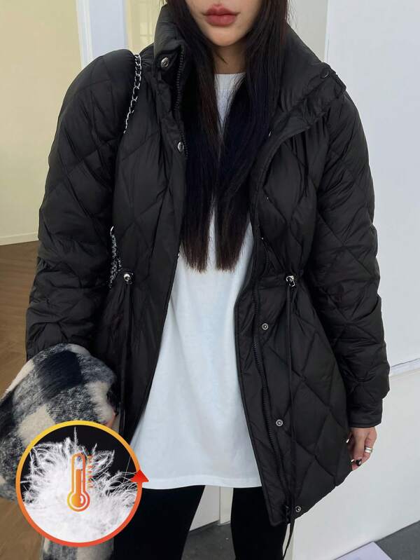 DAZY Winter Drawstring Waist Lightweight Quilted Down Coat, Women Winter Coat Jacket