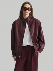 Ontre Women's 2025 New Spring Apparel Stand Collar Zipper Style Real Pocket Angola Red New Year Winter Ladies Outerwear Barn Style Jacket PU Leather Jacket Burgundy Red Stand Collar Long Sleeve Wide Strap Regular Outerwear - Burgundy - View 9