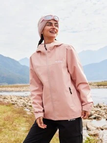 Women's Solid Color Long Sleeve Zip Front Hooded Casual Outdoor Jacket - Pink - View 5