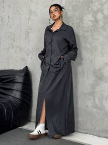 SHEIN EZwear 大码纯色前扣长袖休闲上衣和裤子两件套 - 深灰色 - 查看 6