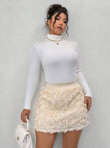 Celure Plus Size Elegant Apricot A-Line Skirt, 3D Rose Floral Decor Knee Length Skirt, Suitable For Valentine's Day