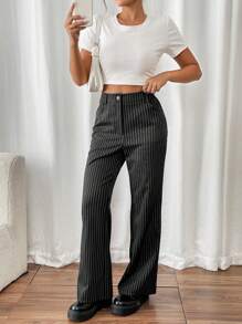Flirla 女式性感低腰条纹喇叭裤，带口袋 - 黑色 - 查看 1