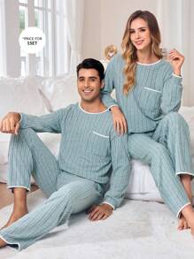 CoupledUp Men's Plush Ribbed Splice Trim Long Sleeve & Long Pants Pajama Set - Blue - View 6