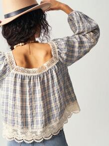 Bohemela Dames Casual Geweven Geruit Contrasterende Kanten Bies Vierkante Hals Losse Blouse