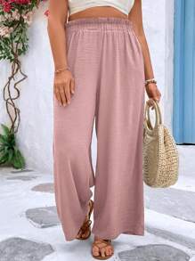 SHEIN Holidaya 大碼純色寬腳假期休閒褲 - 粉色 - 查看 3