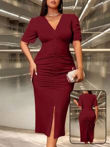 SHEIN Unity Women Plus Size Solid Color V-Neck Short Puff Sleeve Ruched Slit Hem Elegant Dress Burgundy Maxi Women Outfit - Burgundy - View 1