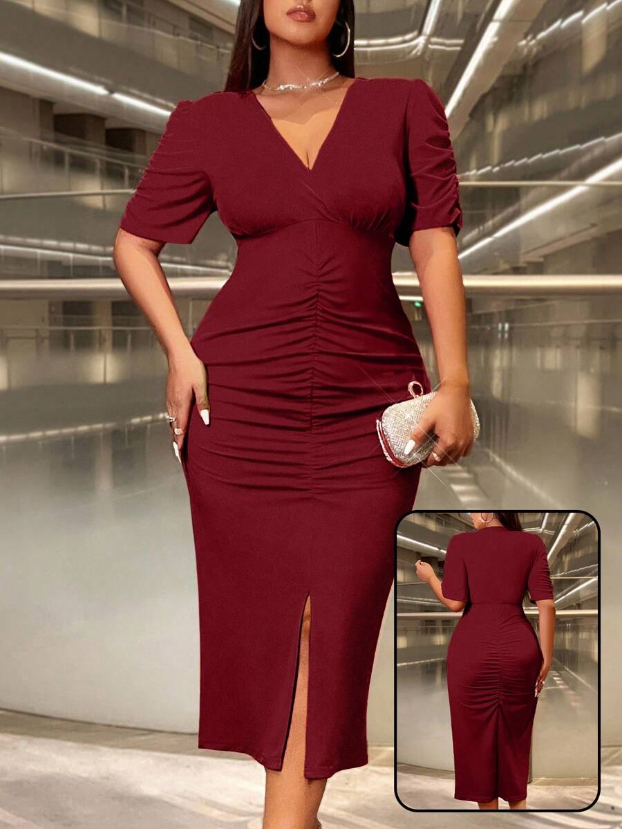 SHEIN Unity Women Plus Size Solid Color V-Neck Short Puff Sleeve Ruched Slit Hem Elegant Dress Burgundy Maxi Women Outfit - Burgundy - View 1