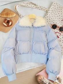 SHEIN Elegancki, dziewczęcy, niebiesko-biały, łaciaty, krótki kardigan dla nastolatek, uniwersalna krótka kurtka, termiczna/ciepła/słodka/sportowa