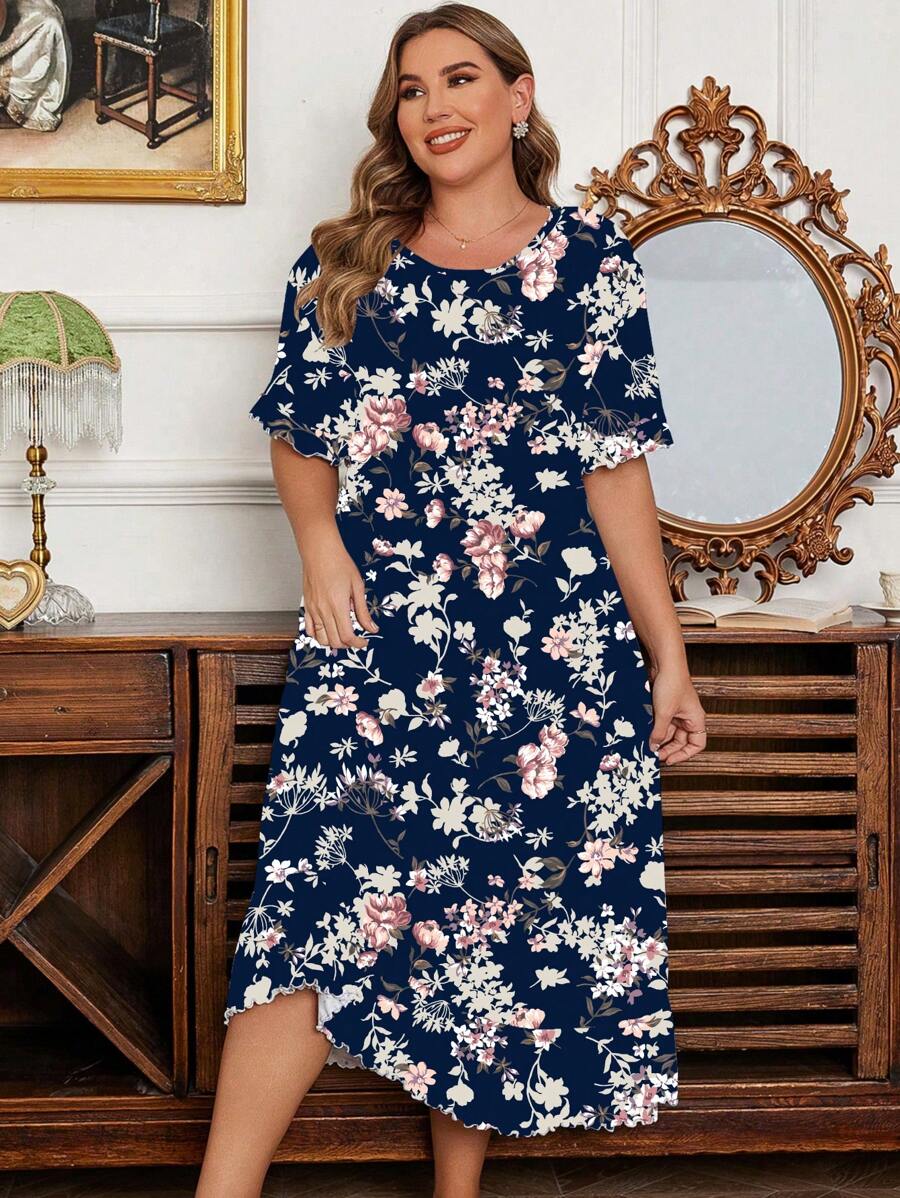 Plus Size Floral Allover Print Round Neck Short Sleeve Simple Nightgown, Casual Loungewear, Moo Moo Sleep Dress - Navy Blue - View 1