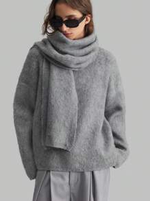 Ontre 女士灰色长袖针织毛衣配围巾领，温暖休闲，适合春季，2025 年新品系列