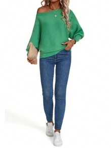 SHEIN LUNE Solid Color Loose Batwing Sleeve Sweater Top Knit Pullover Fall Winter - Green - View 3