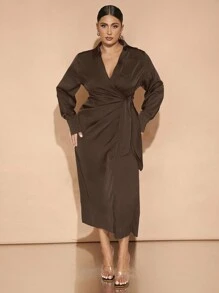 SHEIN BAE Plus Size Fall And Winter Elegant Daily Commuting Party Women Green Satin Overlap Wrap Drape Asymmetric Slit Bowknot Long Sleeves With Buttons Long Dress Party Wear Christmas Wear Commuting Wear New Year Eve Dress New Years Dress Christmas Women Dress Christmas Women Clothes Christmas Dress Christmas Party Dress Thanksgiving Women Outfit Elegant Dress Holiday Dress Christmas Outfits