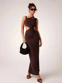 Glamine Vestido asimétrico sin mangas de punto elegante y sexy de color marrón café con escote hueco para mujeres, atuendo largo para otoño/invierno, Año Nuevo y Día de San Valentín