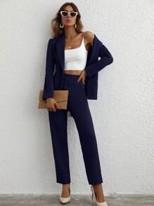 Chiquease Single Button Belted Blazer & Tailored Trousers - Navy Blue - View 6