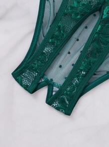 SHEIN 1pc Women's Sexy Lace & Mesh Contrast Bodysuit Lingerie For Going Out - Dark Green - View 3